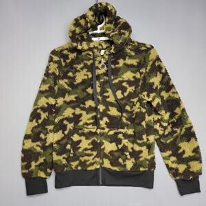 Love J Camo Sherpa Hooded Fleece Jacket Womens Large Green Black Full Front Zip